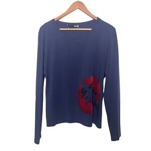 Love Moschino Women’s Sz 12 Blue w/ Black Love Rhinestones Long Sleeve Shirt Lip